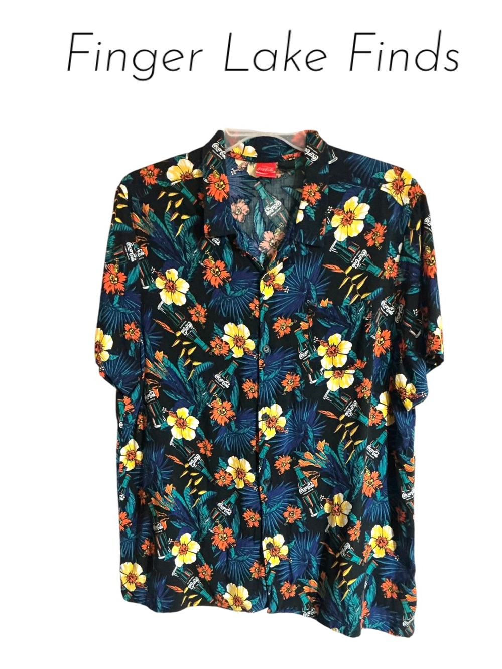 Coca-Cola Navy Tropical Print Camp Shirt, L